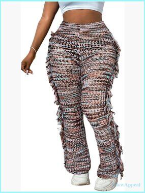 Fringe Boho Knit Flared Bell Bottoms Elastic Waist High Rise Y2K Rave Pants